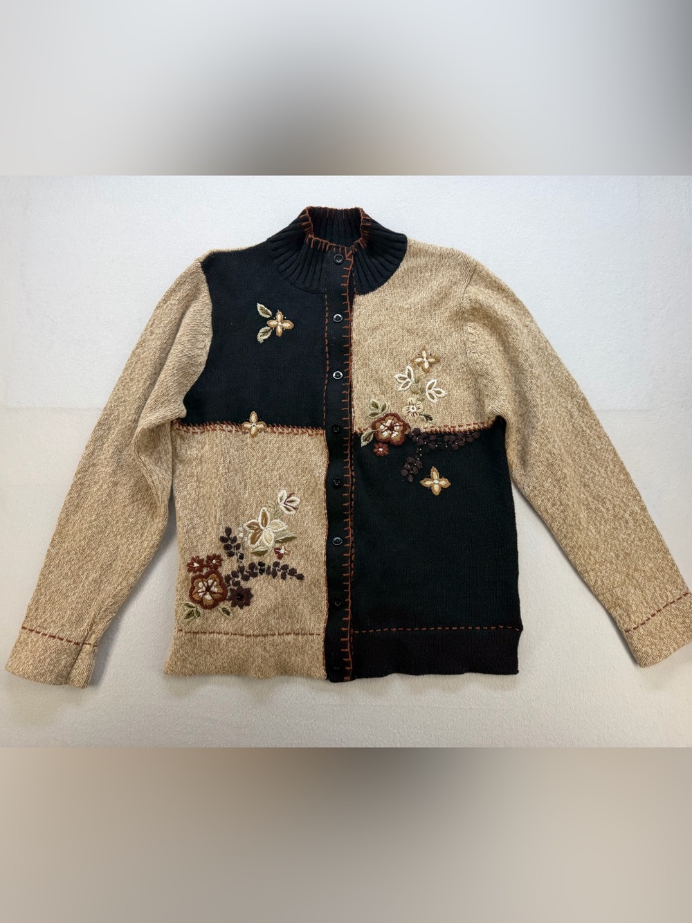 Erika Two-Tone Embroidered Button Cardigan - Beige & Black-FALL/Grandma Cottage